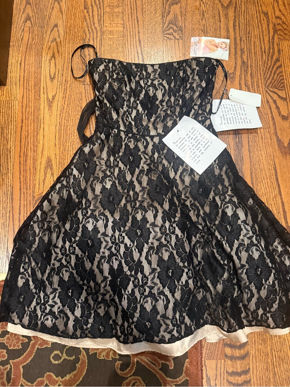 Women Junior Black Lace Overlay Dress with Nude Lining